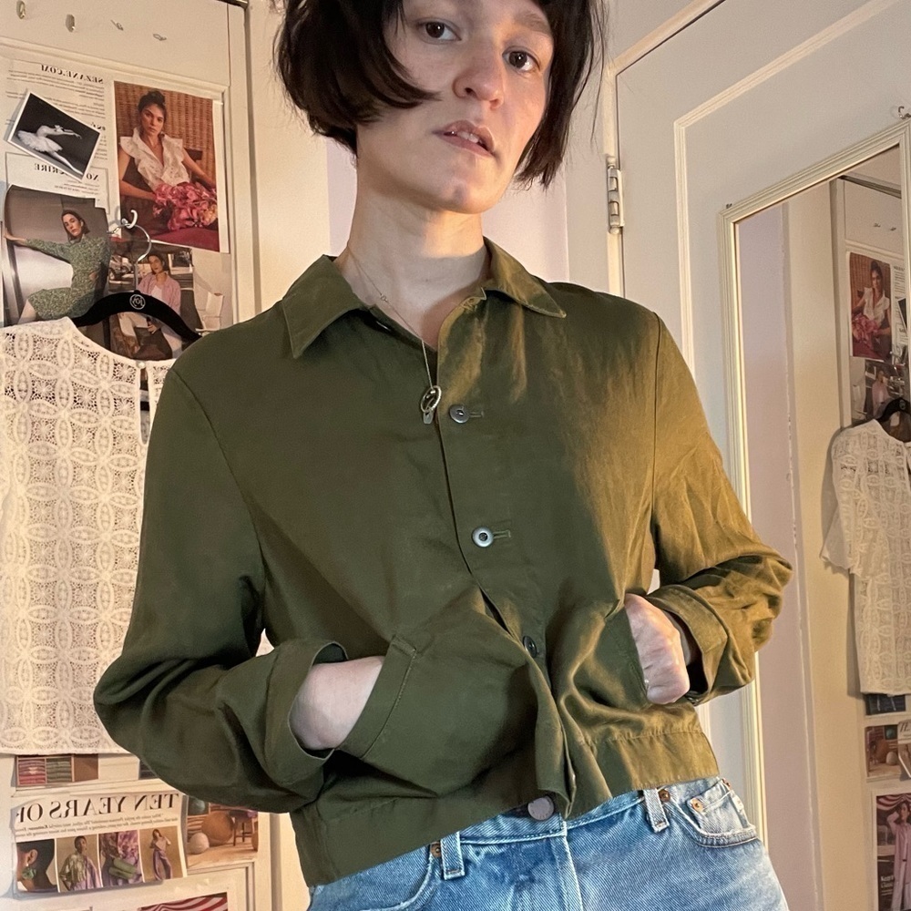 Eileen Fisher Button Front Shirt Crop Green Size SP - Picture 1 of 10